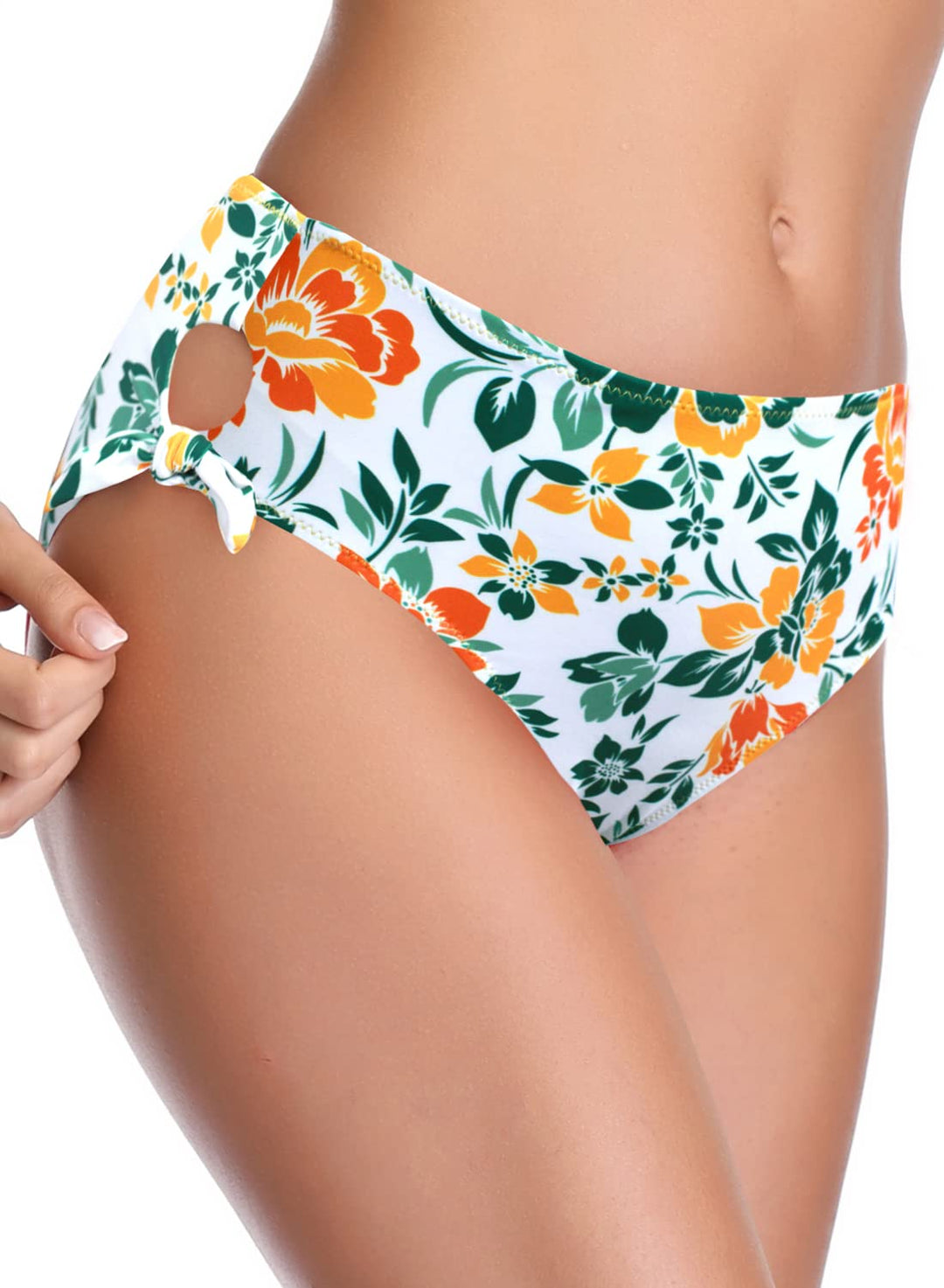 SHEKINI Women's Bikini Bottom Floral Classic Brief Cutout Side Swimsuit Bottom (Yellow, Large)