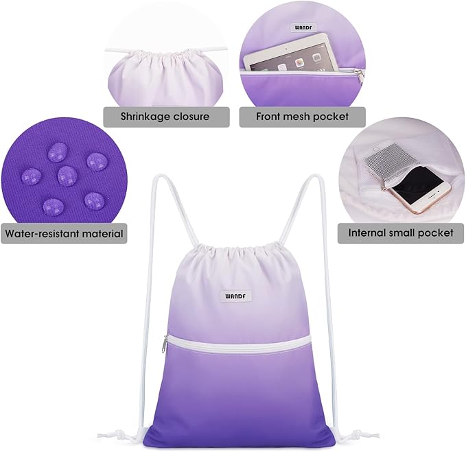 WANDF Drawstring Backpack String Bag Sackpack Cinch Water Resistant Nylon for Sport Yoga Gym Shopping (Purple Gradient)