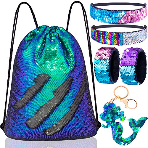 Mermaid Reversible Sequin Drawstring Backpack/Bag Green/Black for Kids Girls One_Size