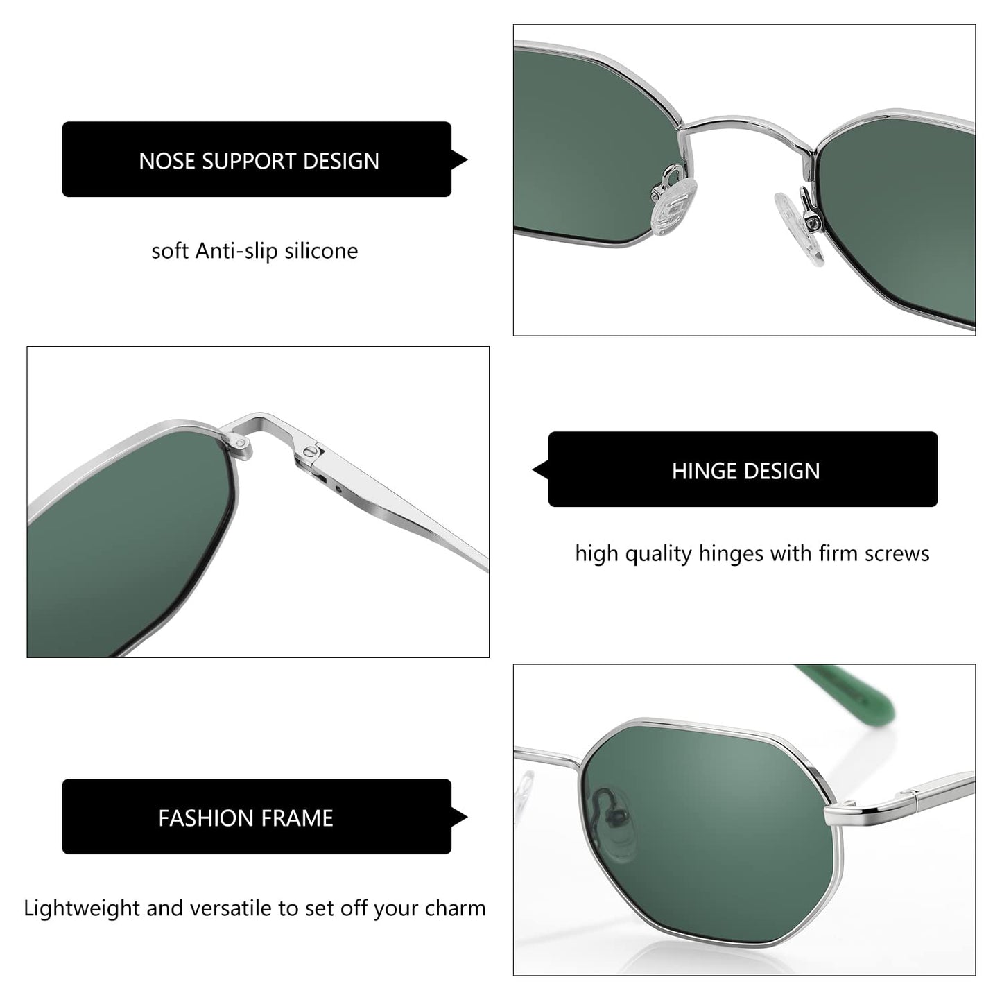 ZENOTTIC Small Octagonal Polarized Sunglasses for Women Men Hippie Metal Frame Retro Rectangle Sun Glasses