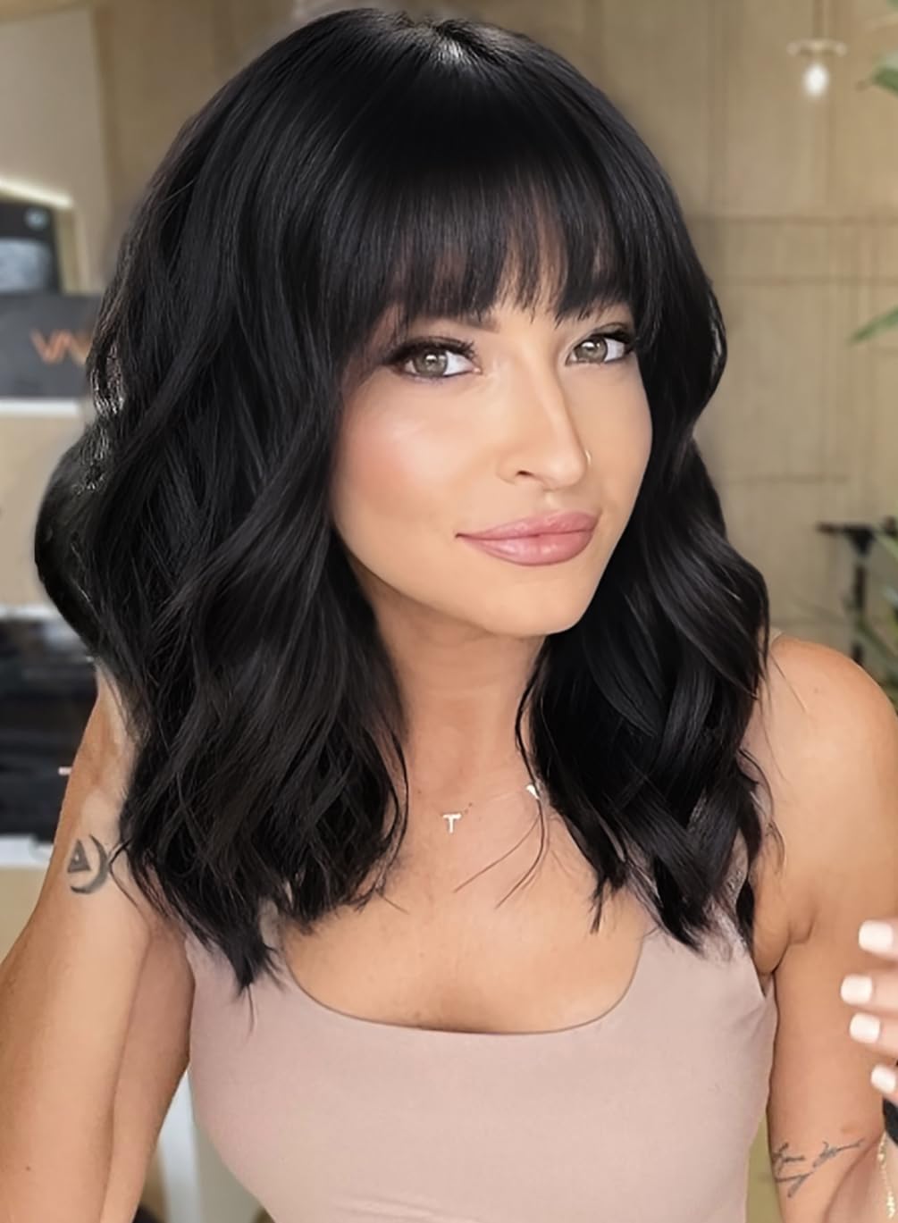 Lativ Black Wigs for Women Short Wavy Curly Bob Wig with Bangs Shoulder Length 14 Inches Synthetic Hair for Daily Party Use