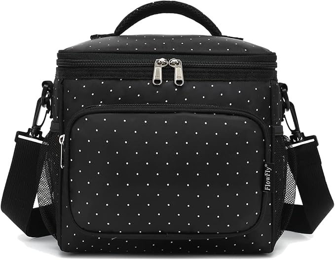 FlowFly Insulated Reusable Lunch Bag Adult Large Lunch Box for Women and Men with Adjustable Shoulder Strap,Front Zipper Pocket and Dual Large Mesh Side Pockets,Dot