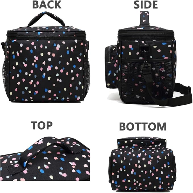 FlowFly Insulated Reusable Lunch Bag Adult Large Lunch Box for Women and Men with Adjustable Shoulder Strap,Front Zipper Pocket and Dual Large Mesh Side Pockets,BlackFlower