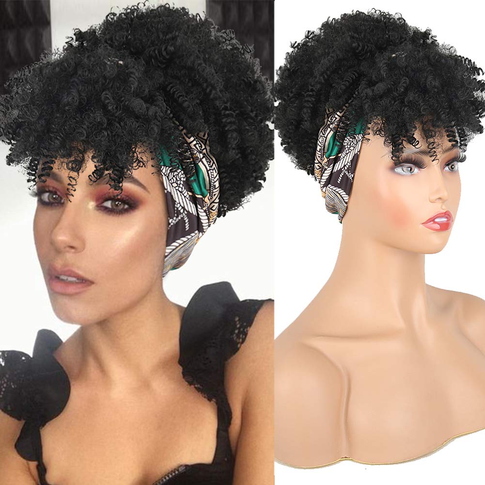 Aisaide Curly Wigs For Black Women Short Afro Kinky Curly Headbands For Wigs,Curly Synthetic Black Wig With Bangs Wrap Wig With