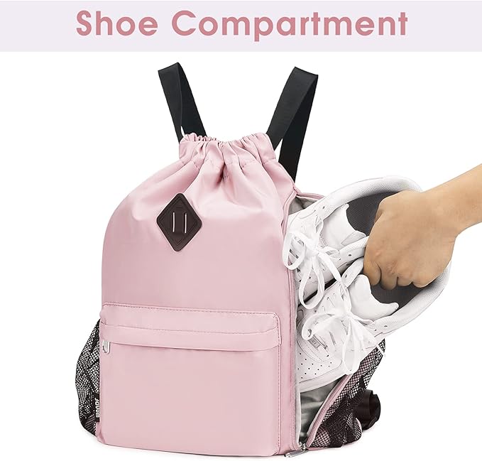 WANDF Drawstring Backpack Sports Gym Bag with Shoes Compartment, Water-Resistant String Backpack Cinch for Women Men (Large,Pink)
