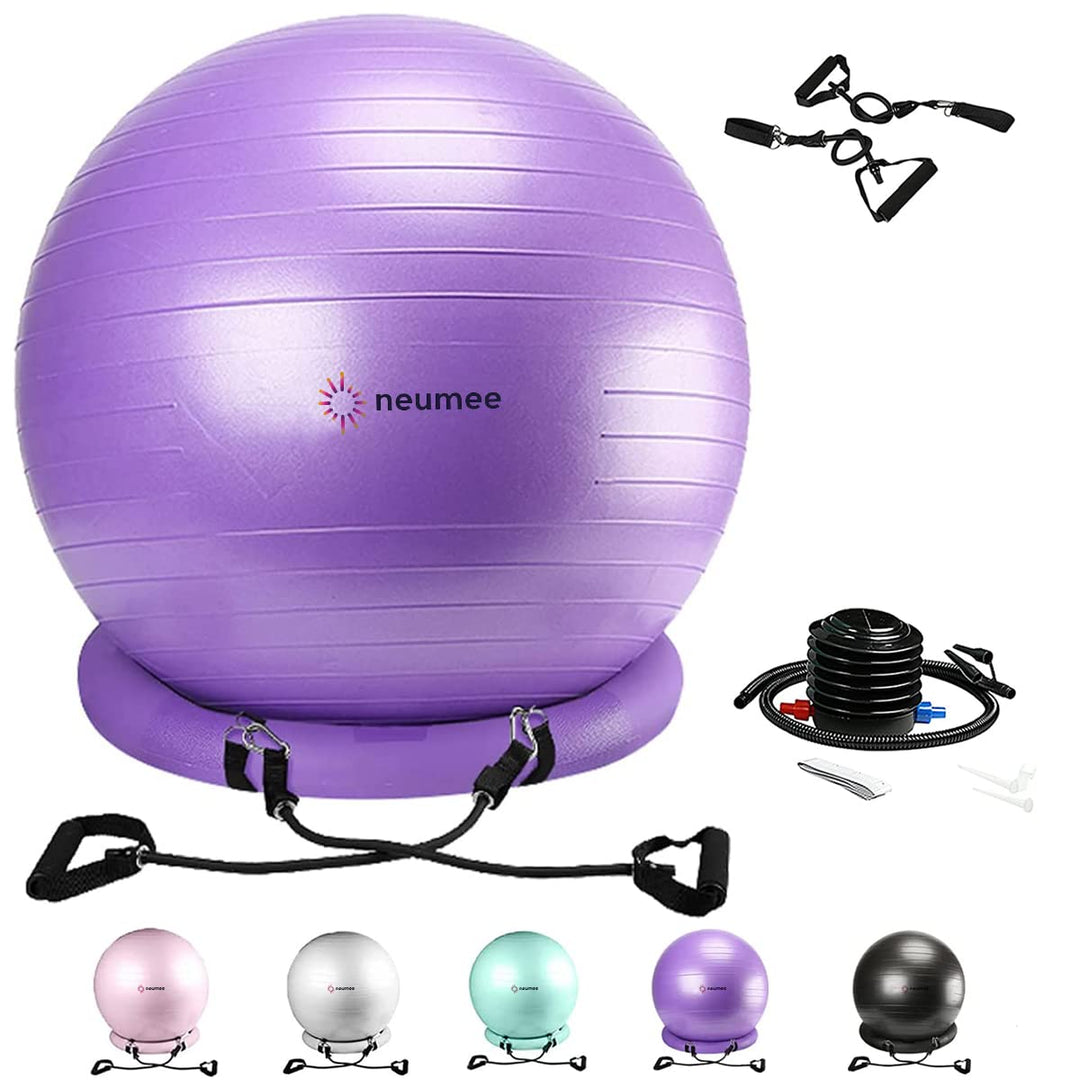 NEUMEE Exercise Ball Chair with Resistance Bands, Yoga Ball Office Chair with Stability Base for Home Gym, Workout Ball for Fitness, Large Size 65 cm (Purple)