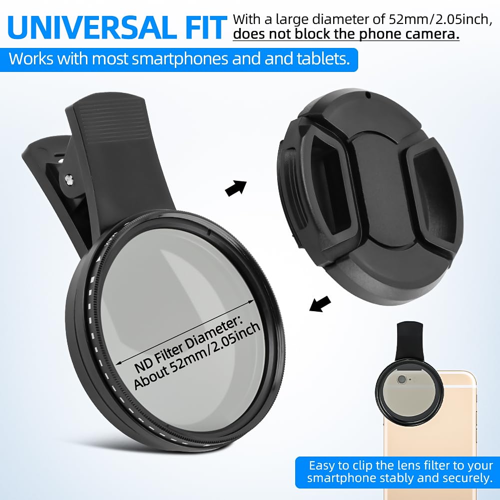 52mm Variable ND2-ND400 Filter, Clip-on Phone Lens ND Kit, Universal Adjustable Neutral Density Compatible With iPhone/Samsung/Android Smartphones (Size: 52mm)