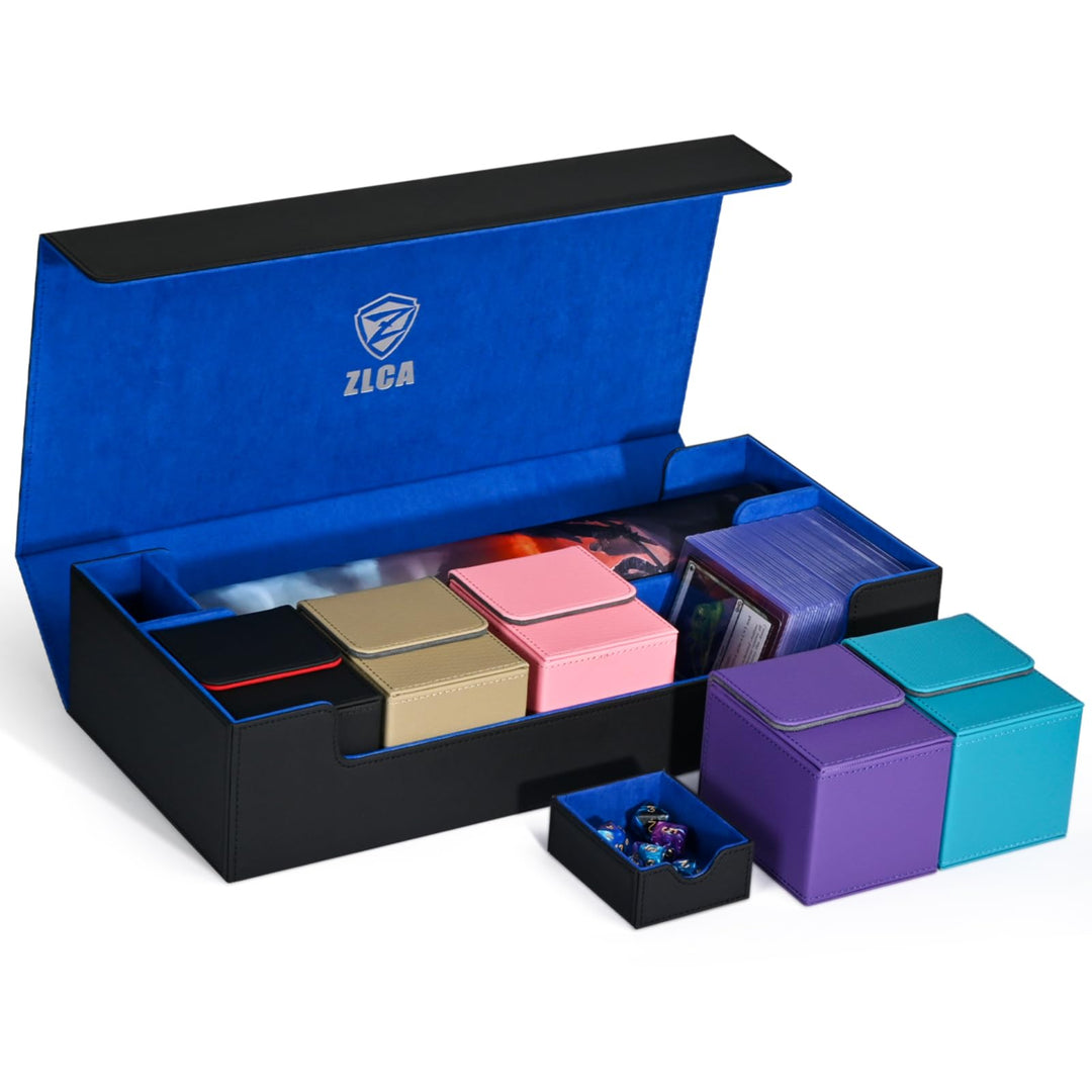 ZLCA Card Deck Box with Playmat for MTG TCG, Large Card Storage Box with 5 PCS Deck Box Holds 2400+ Unsleeved Trading Cards, Card Deck Case with Dice Tray Fits Yugioh Sports Cards (Black&Blue Set)