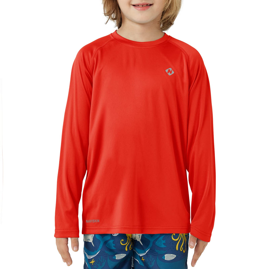 NAVISKIN Boy's Long Sleeve Shirts Rash Guard Swim Shirts Youth UPF 50+ Lightweight Quick Dry Hiking Shirts Red Size XL