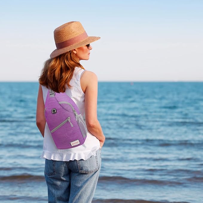 ZOMAKE Sling Bag for Women Men, Small Crossbody Sling Backpack, Mini Water Resistant Shoulder Daypack for Travel, Anti Thief Chest Bag for Hiking, Sports, Purple(Stripe)