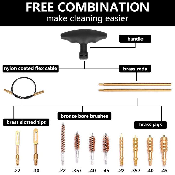 BOOSTEADY Universal Handgun Cleaning kit .22,.357,.38,9mm,.45 Caliber Pistol Cleaning Kit Bronze Brush and Brass Jag Adapter