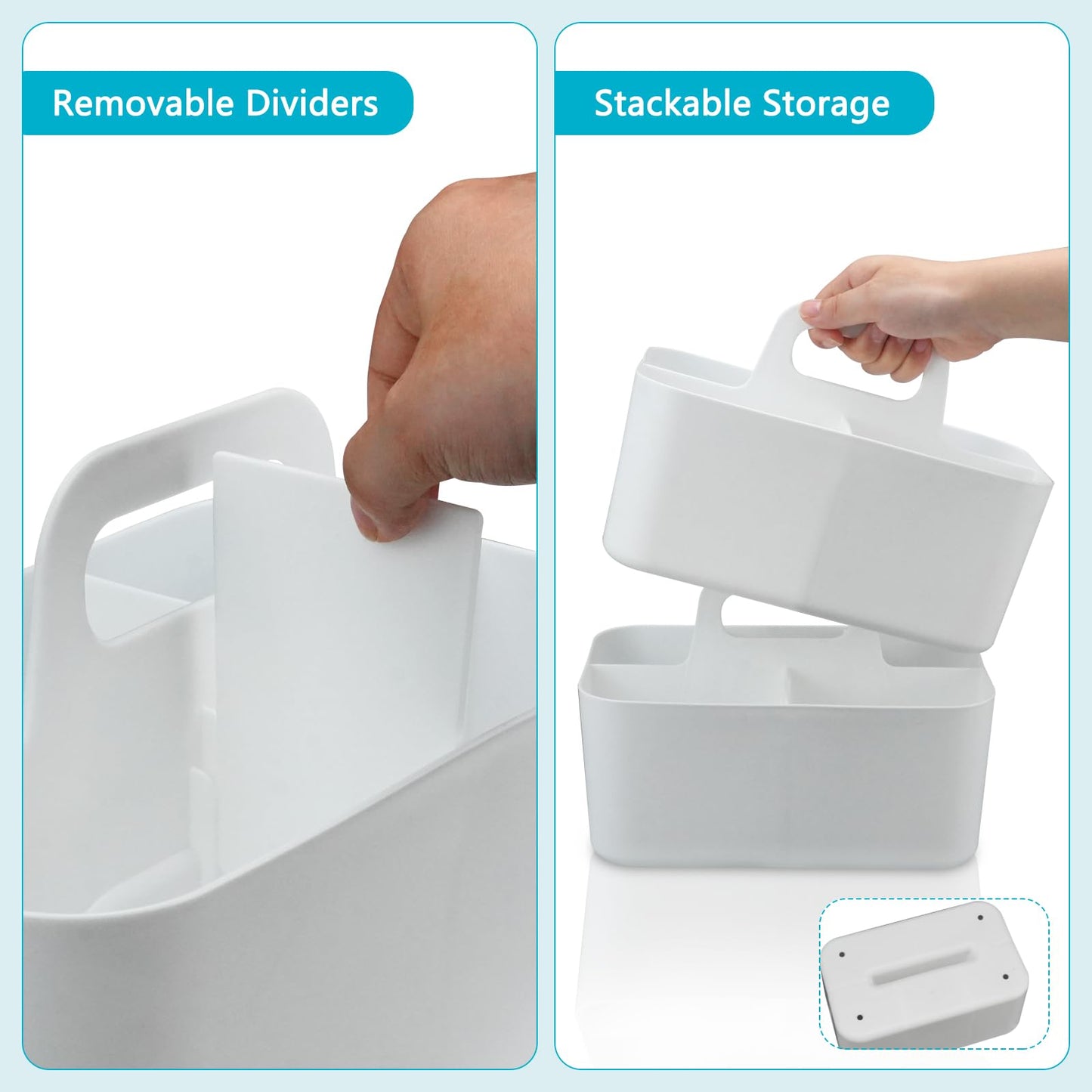 2 PCS Plastic Storage Baskets with Handle, White Organiser Boxes Stackable Portable Container for Bathroom Office Craft Cupboards(25x15.5x17 cm)