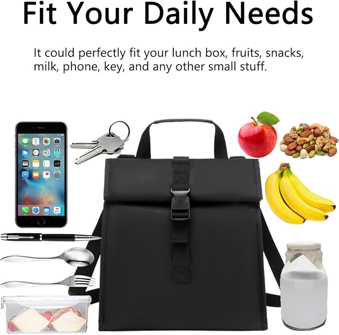 Insulated Lunch Bag for Men/Women/Kids, Roll top Reusable Lunch Box with Adjustable Shoulder Strap, Thermal Lunch Cooler Tote Container for Adults/Teens School Work Office Picnic,Black