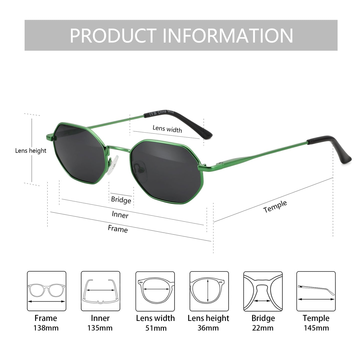 ZENOTTIC Small Octagonal Polarized Sunglasses for Women Men Hippie Metal Frame Retro Rectangle Sun Glasses
