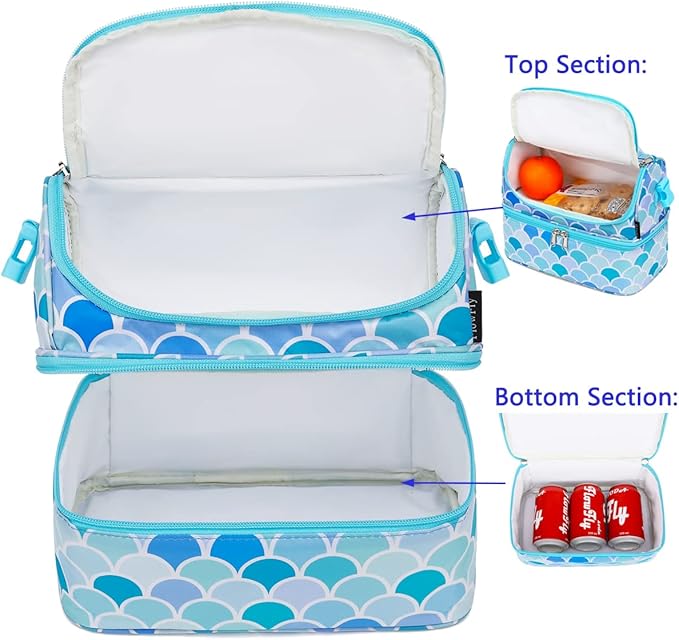 FlowFly Double Decker Cooler Insulated Lunch Bag Large Tote for Boys, Girls, Men, Women, With Adjustable Strap (Mermaid)