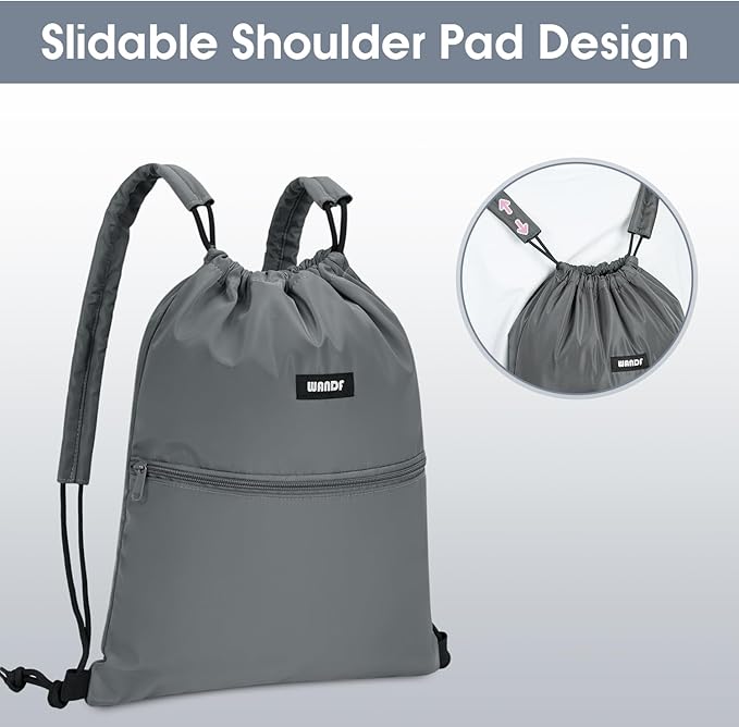 WANDF Drawstring Backpack Sports Gym Bag with Shoulder Pads Water Resistant String Bag Cinch Bag for Women Men (Grey)