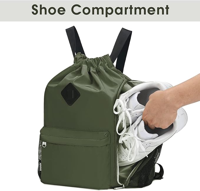 WANDF Drawstring Backpack Sports Gym Bag with Shoes Compartment, Water-Resistant String Backpack Cinch for Women Men (Large,Dark green)