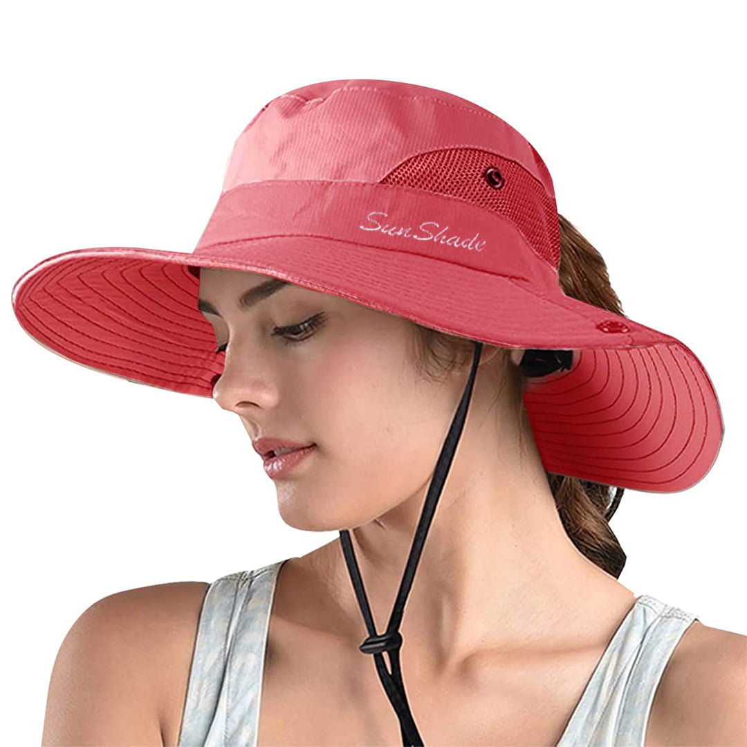 ZOORON 1 Pack Women's Ponytail Safari Sun Hat,Wide Brim UV Protection Outdoor Bucket Hat,Foldable Beach Summer Fishing Hat(purewatermelonred)