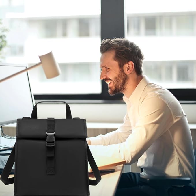 Insulated Lunch Bag for Men/Women/Kids, Roll top Reusable Lunch Box with Adjustable Shoulder Strap, Thermal Lunch Cooler Tote Container for Adults/Teens School Work Office Picnic,Black