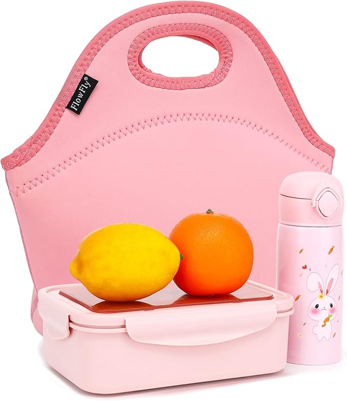 FlowFly Neoprene Kids Lunch box Insulated Soft Bag Mini Cooler Thermal Meal Tote Kit for Boys, Girls,Men,Women,School,Work, Office, Pink