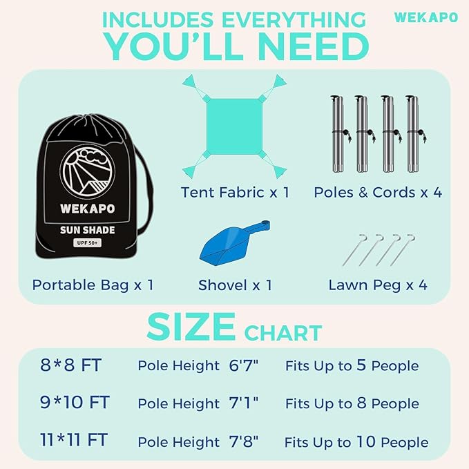 WEKAPO Beach Tent Sun Shelter - Easy Setup Beach Canopy with 4 Sturdy Poles, Large Sandbags and Shovel, 6'7'' Tall, Windproof Sun Shade for Backyard and Camping, UPF 50+ Protection