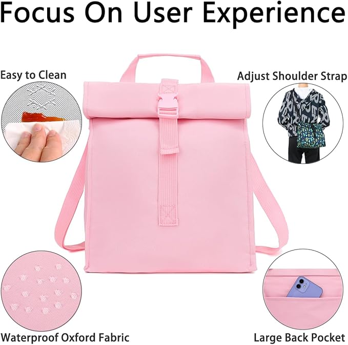 Insulated Lunch Bag for Men/Women/Kids, Roll top Reusable Lunch Box with Adjustable Shoulder Strap, Thermal Lunch Cooler Tote Container for Adults/Teens School Work Office Picnic,Pink