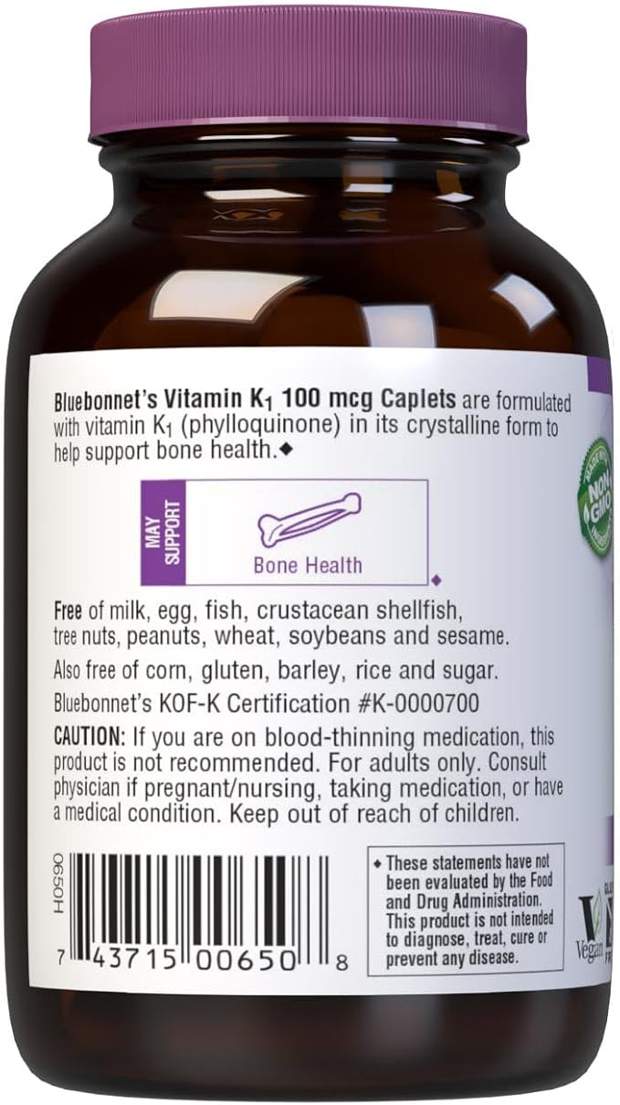 Bluebonnet Vitamin K1 100 mcg Supports Bone Health - Phylloquinone Crystalline Vitamin K Supplement - Non-GMO, Kosher Certified, Gluten-Free, Dairy-Free - 100 Vegan Caplets