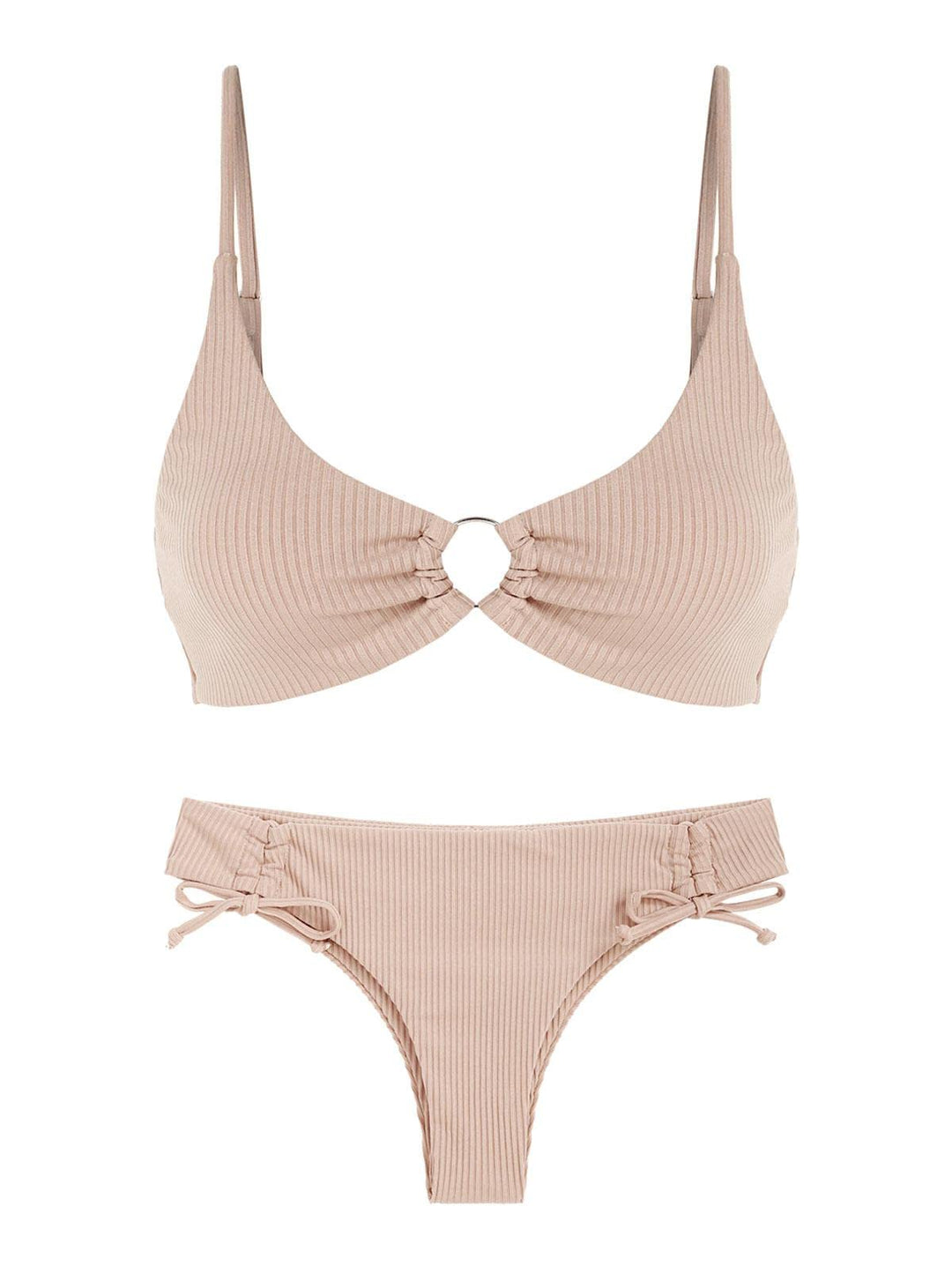 ZAFUL Women's Ribbed O Ring Cinched Tie Side Bikini Set