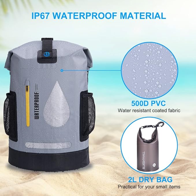 Blueshyhall 30L Waterproof Dry Backpack, Outdoor Travel Roll Top Closure Water Repellent Duffle Storage Sack for Kayaking Rafting Boating Fishing Camping and Beach - Grey