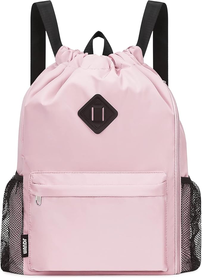 WANDF Drawstring Backpack Sports Gym Bag with Shoes Compartment, Water-Resistant String Backpack Cinch for Women Men (Large,Pink)