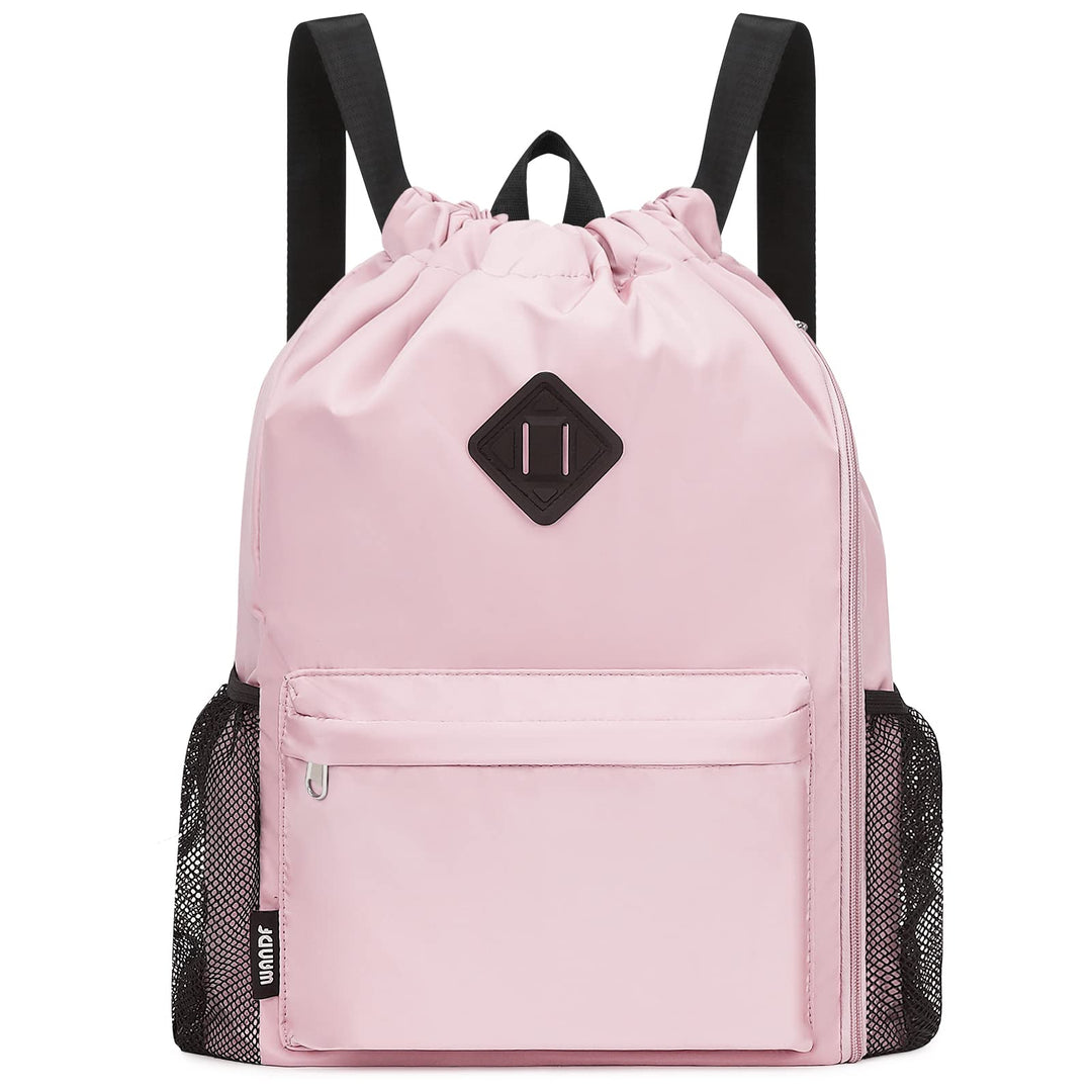 WANDF Drawstring Backpack Sports Gym Bag with Shoes Compartment, Water-Resistant String Backpack Cinch for Women Men (Large,Pink)