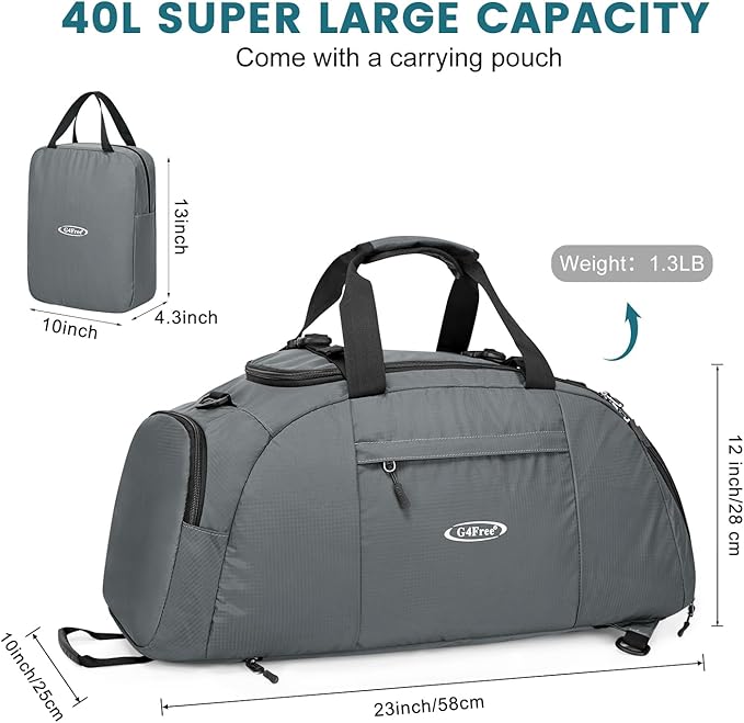 G4Free 40L 3-Way Duffle Bag Backpack Gym Bag for Men Women Sports Duffel Bag with Shoe Compartment Travel Backpack Luggage