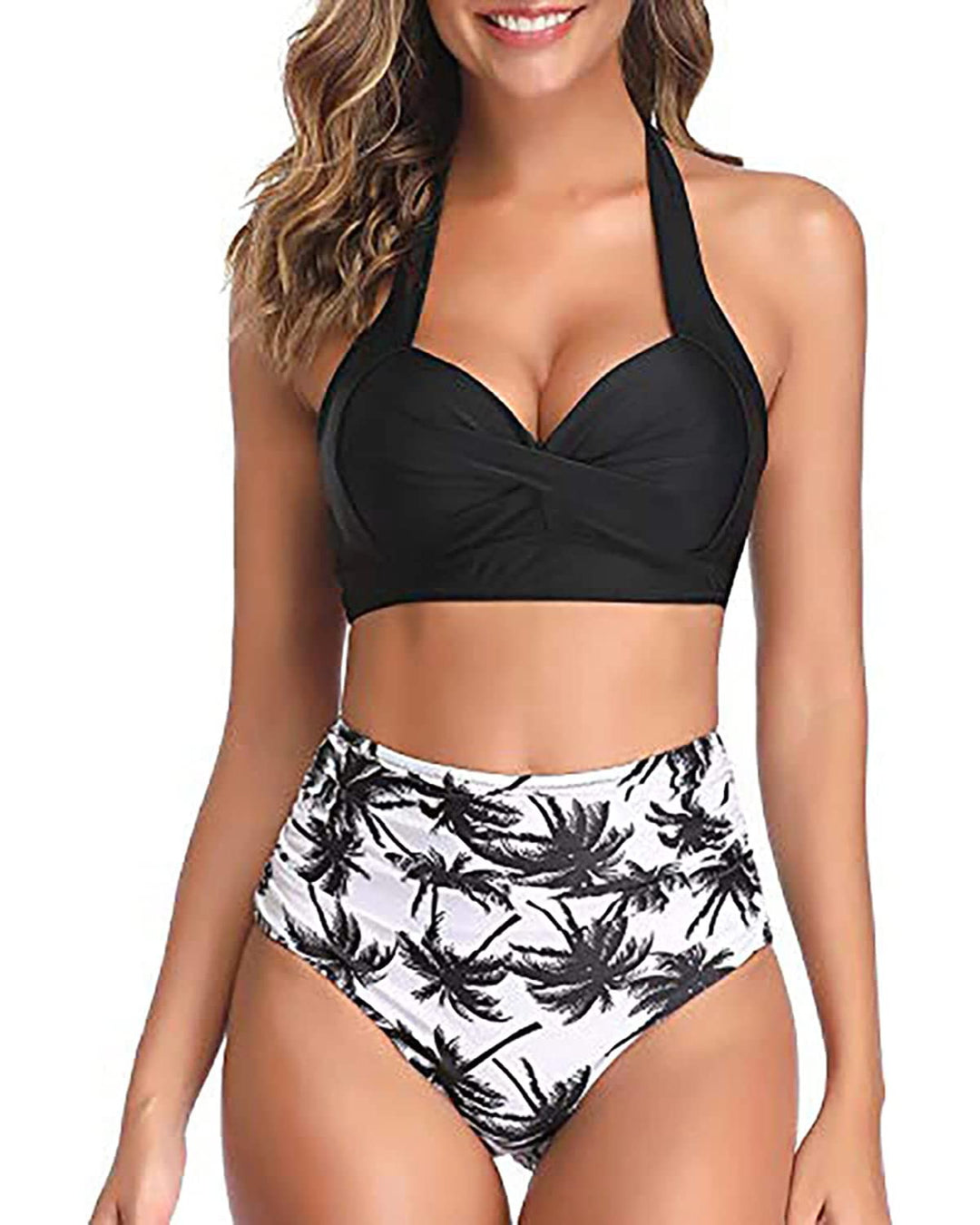 Tempt Me Women's Vintage Swimsuits Black Palm Retro Halter Ruched High Waist Bikini with Bottom S