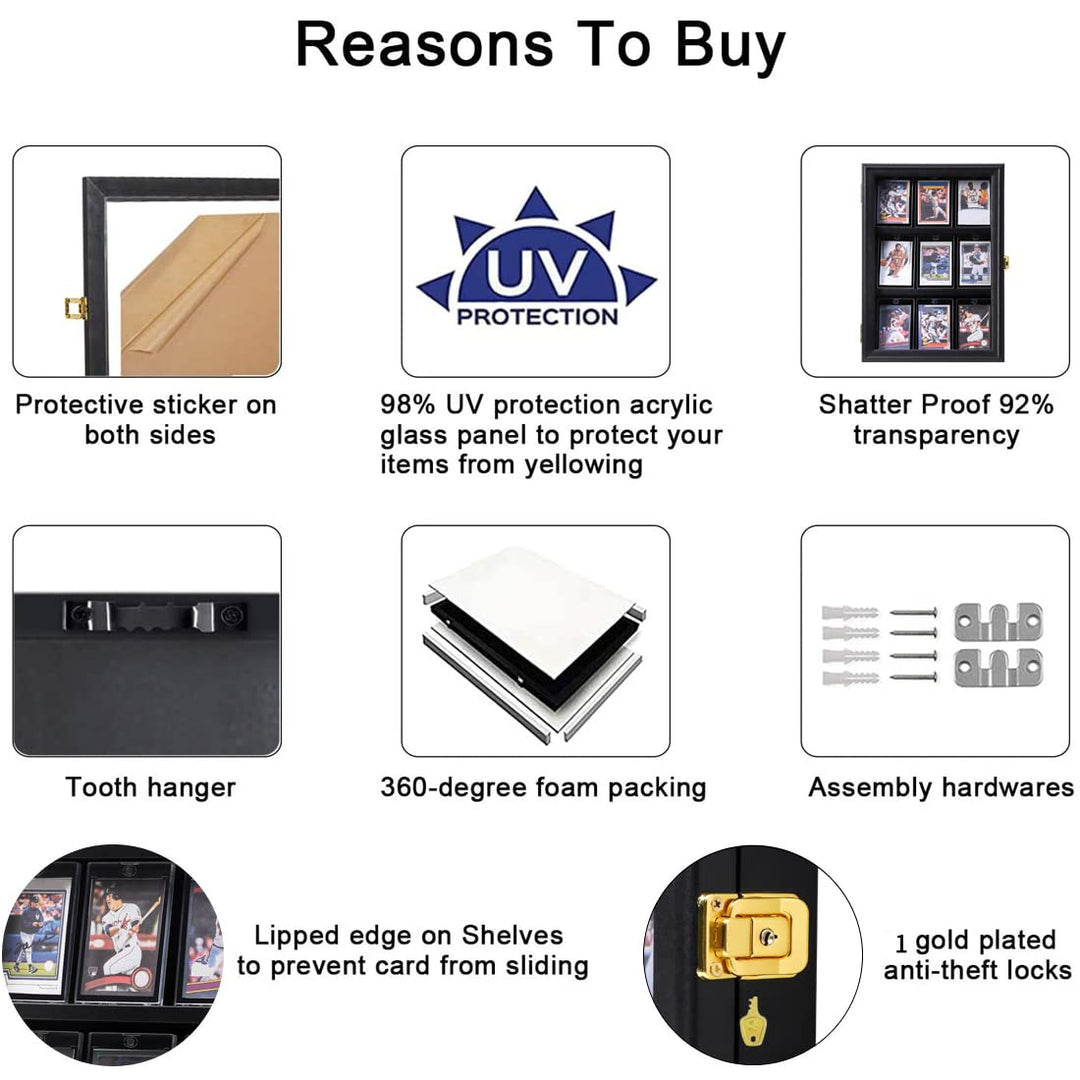 Verani Baseball Card Display Case - Sports Card Display Frame - Holds Sport Cards with UV Protection Clear View Lockable Wall Cabinet for Football Basketball Hockey Trading Card Black