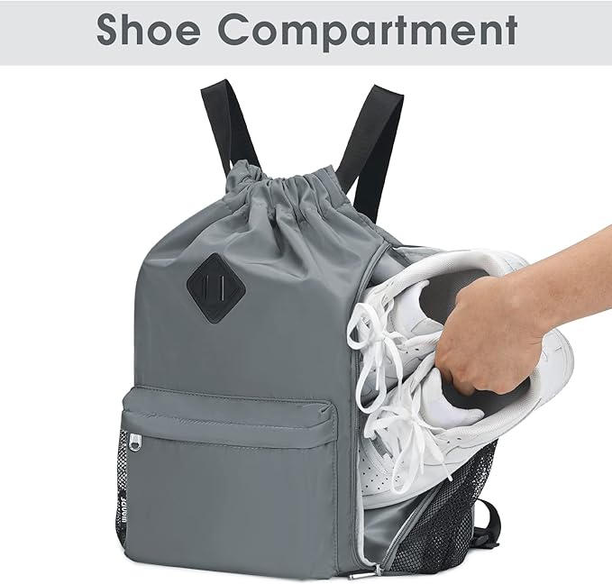WANDF Drawstring Backpack Sports Gym Bag with Shoes Compartment, Water-Resistant String Backpack Cinch for Women Men(Large,Grey)