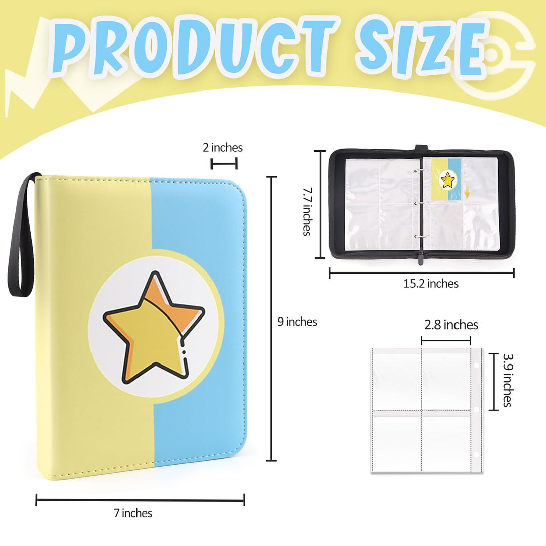 Card Binder 4-Pockets, 400 Pockets Card Holder with 50 Removable Sleeves, Trading Card Collector Zipper Album Holder, Yellow Blue