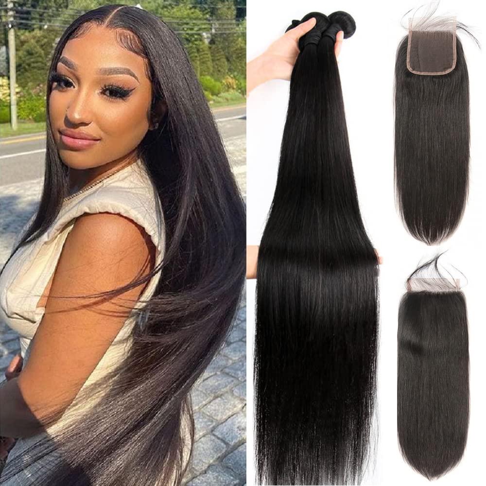 Yisea Straight Human Hair Bundles With Lace Closure (24 26 28+22 Closure) Human Hair 3 Bundles With 4X4 Lace Closure 100% Unproc