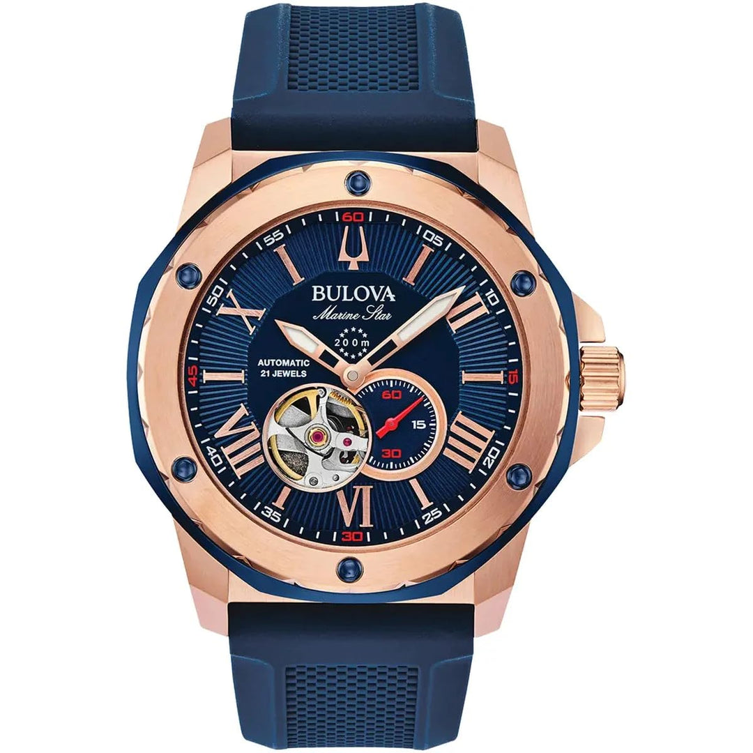 Bulova Mens Analogue Automatic Watch With Silicone Strap 98A227, Blue, Strap