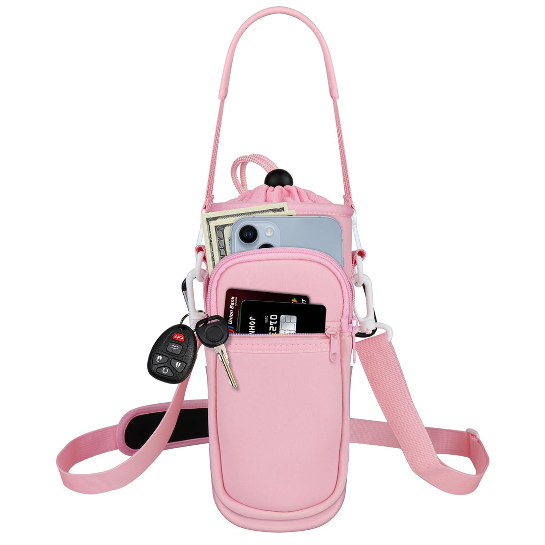 Bstge Water Bottle Holder with Strap, Water Bottle Carrier Bag with Phone Pocket, Shoulder Hand Strap Insulated Neoprene 32 oz Water Bottle Sleeve for Walking Hiking Camping Gym(Pink)