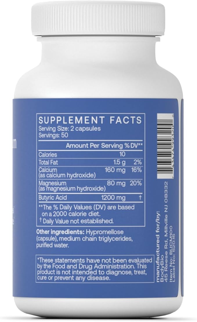 BodyBio Butyrate Supplement - Postbiotic for Gut Microbiome Health, Digestion and Regulation Support - Butyric Acid with Calcium Magnesium - 100 Capsules