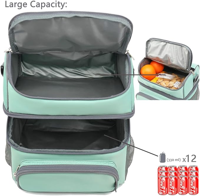 FlowFly Double Layer Cooler Insulated Lunch Bag Adult Lunch Box Large Tote Bag for Men, Women, With Adjustable Strap,Front Pocket and Dual Large Mesh Side Pockets