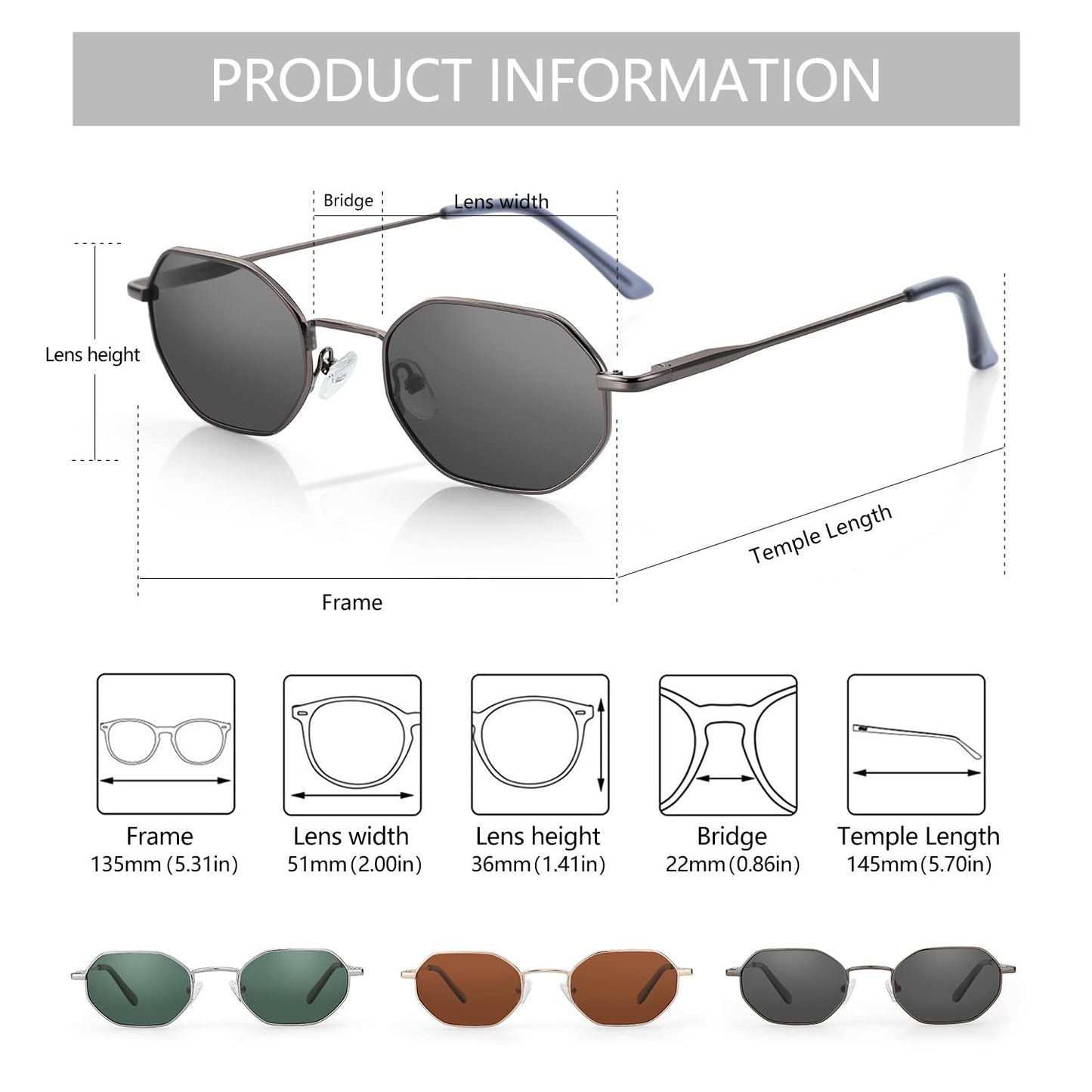 ZENOTTIC Small Octagonal Polarized Sunglasses for Women Men Hippie Metal Frame Retro Rectangle Sun Glasses