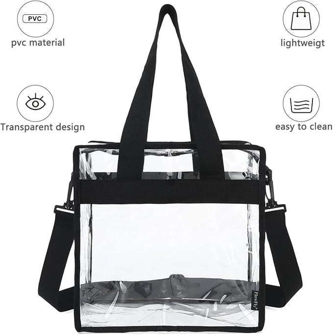Flowfly Clear Bag Stadium Approved, Clear Beach Lunch Bag for Work Sports Festival - 2 Handles, Adjustable Strap, Zipper Closure, Clear