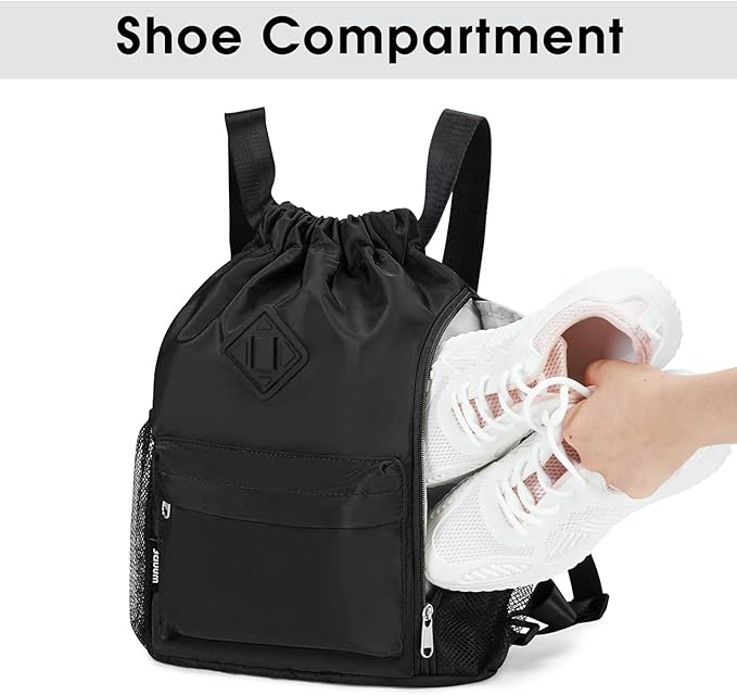 WANDF Drawstring Backpack Sports Gym Bag with Shoes Compartment, Water-Resistant String Backpack Cinch for Women Men (Small,Black)