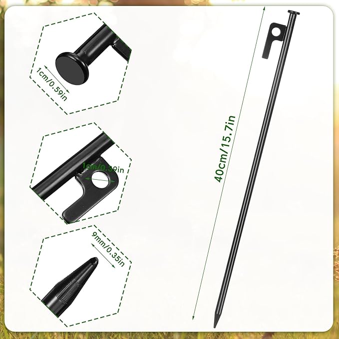 Blulu 24 Pcs 8/12/16 Inch Tent Stakes Heavy Duty Steel Metal Tent Pegs Unbreakable and Inflexible Metal Stakes Tent Spikes for Camping, Yard Decoration, Picnic, Tarp(Black, 16 Inch)