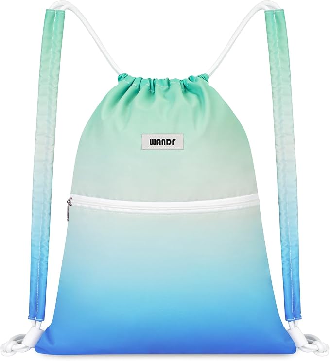 WANDF Drawstring Backpack Sports Gym Bag with Shoulder Pads Water Resistant String Bag Cinch Bag for Women Men (Blue-Green Gradient)