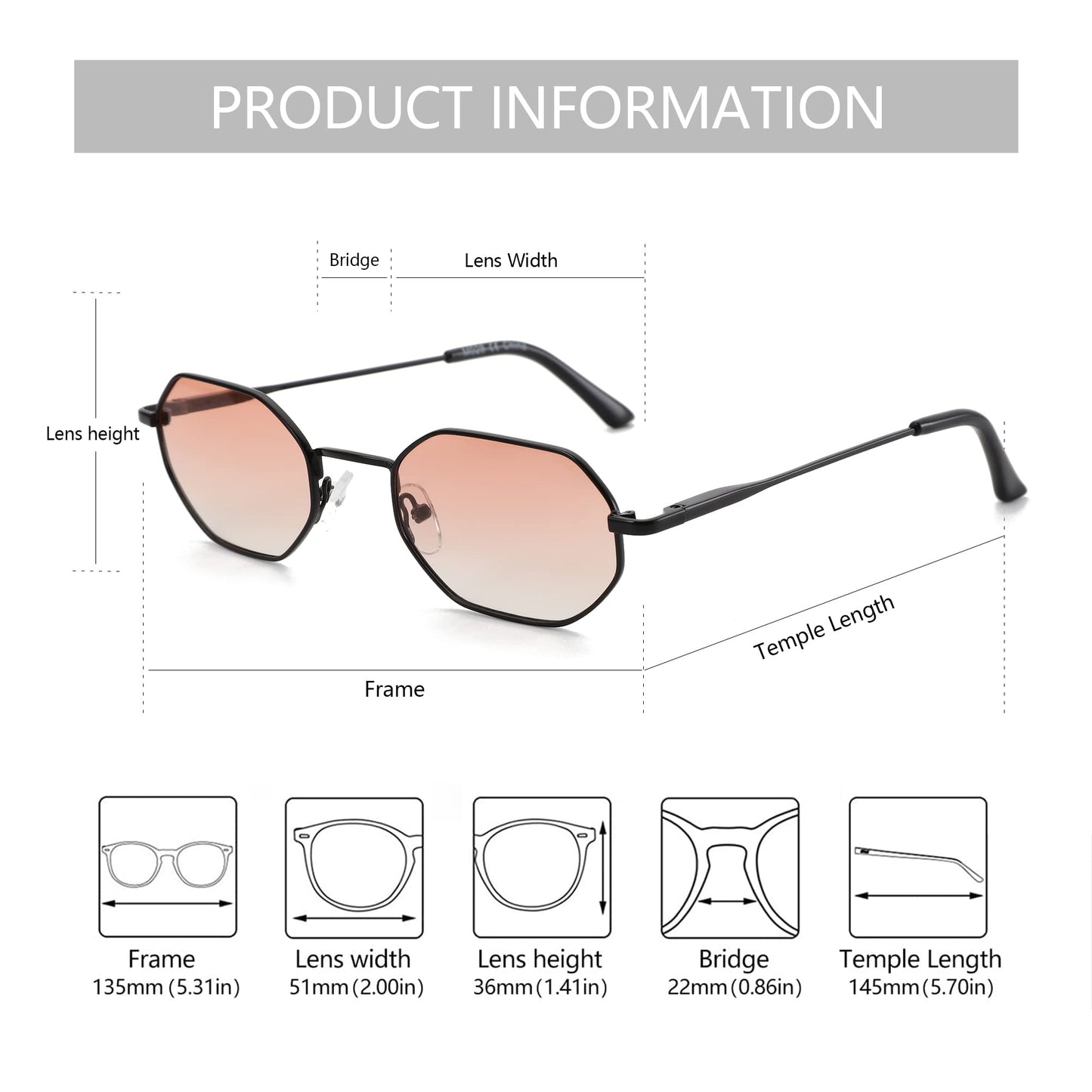 ZENOTTIC Small Octagonal Polarized Sunglasses for Women Men Hippie Metal Frame Retro Rectangle Sun Glasses