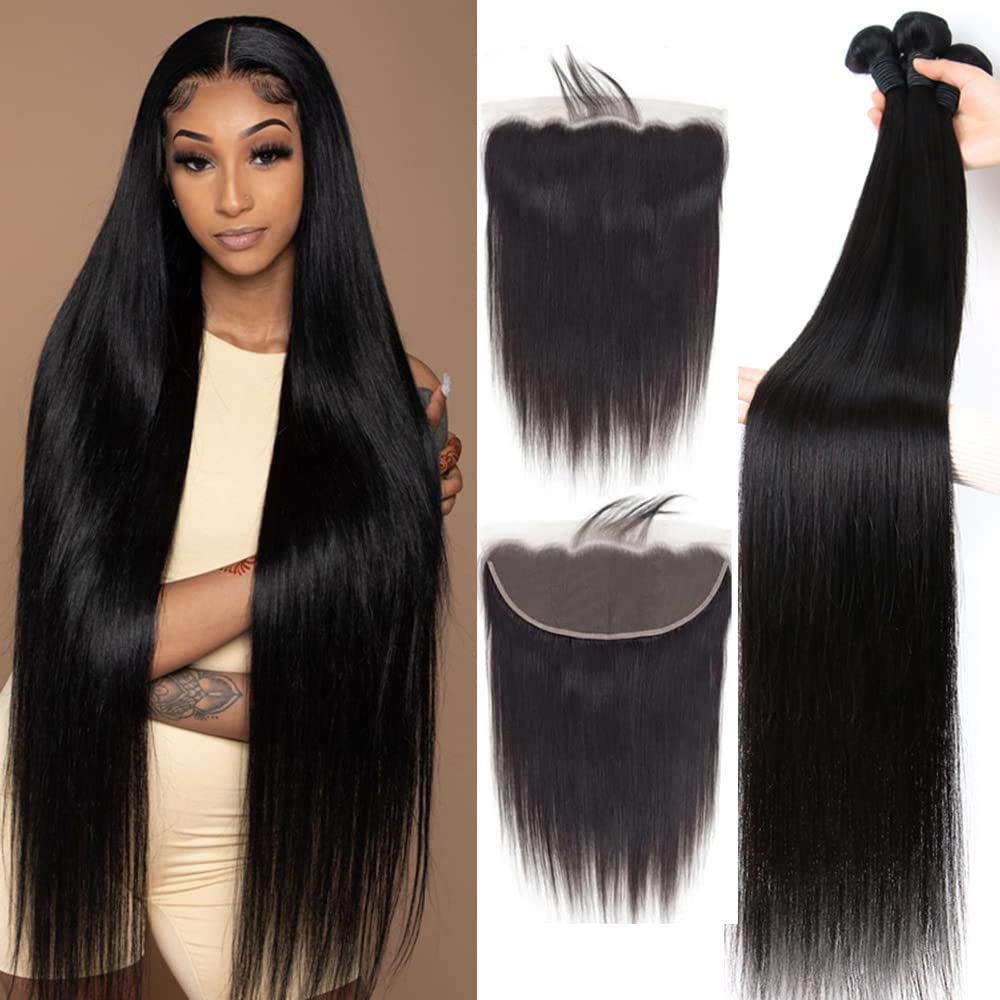 Yisea Brazilian Straight Hair Bundles With Lace Frontal(12 14 16 +10 Frontal 100% Unprocessed Human Hair 3 Bundles With 13X4 Lac