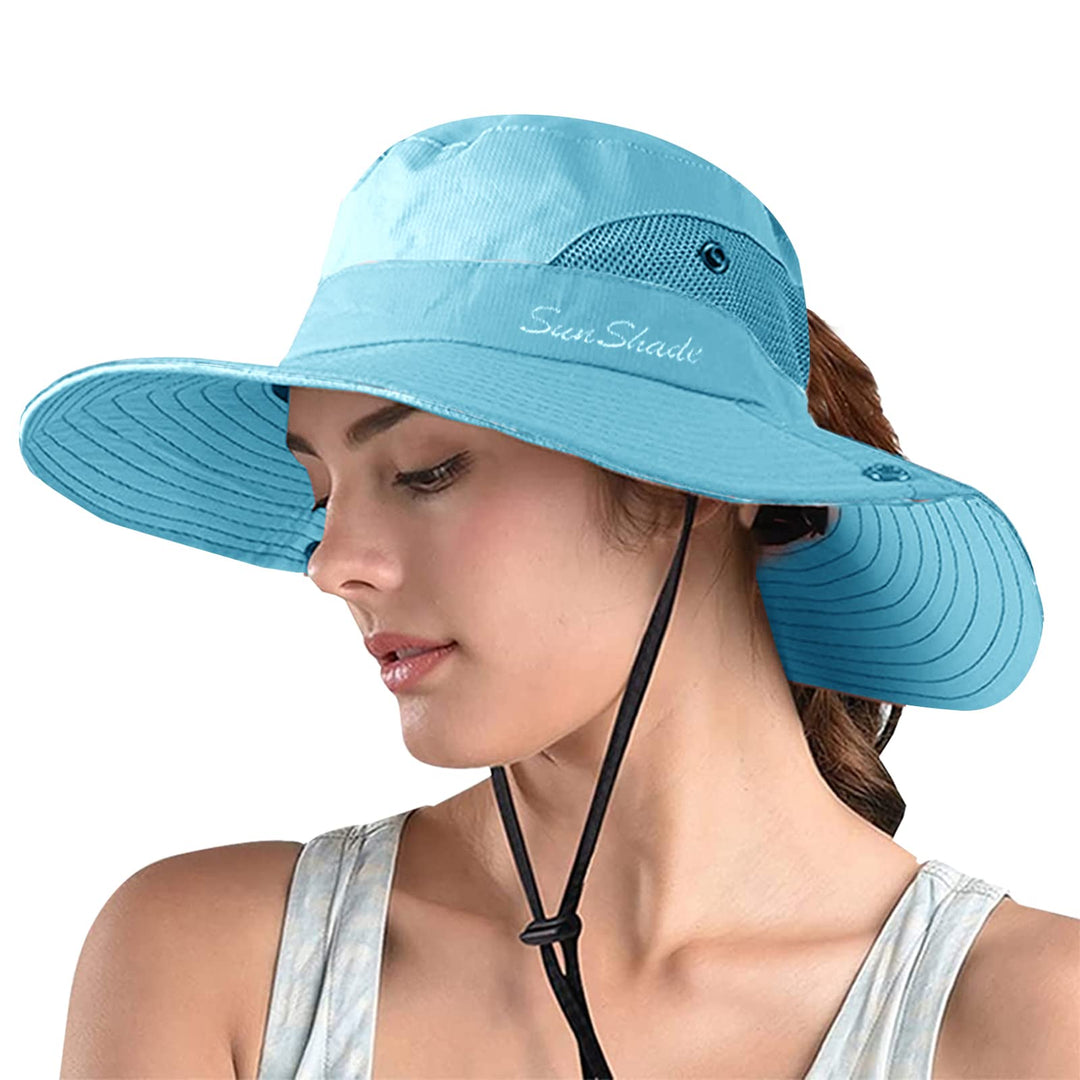 ZOORON 1 Pack Women's Ponytail Safari Sun Hat,Wide Brim UV Protection Outdoor Bucket Hat,Foldable Beach Summer Fishing Hat(pureblue)