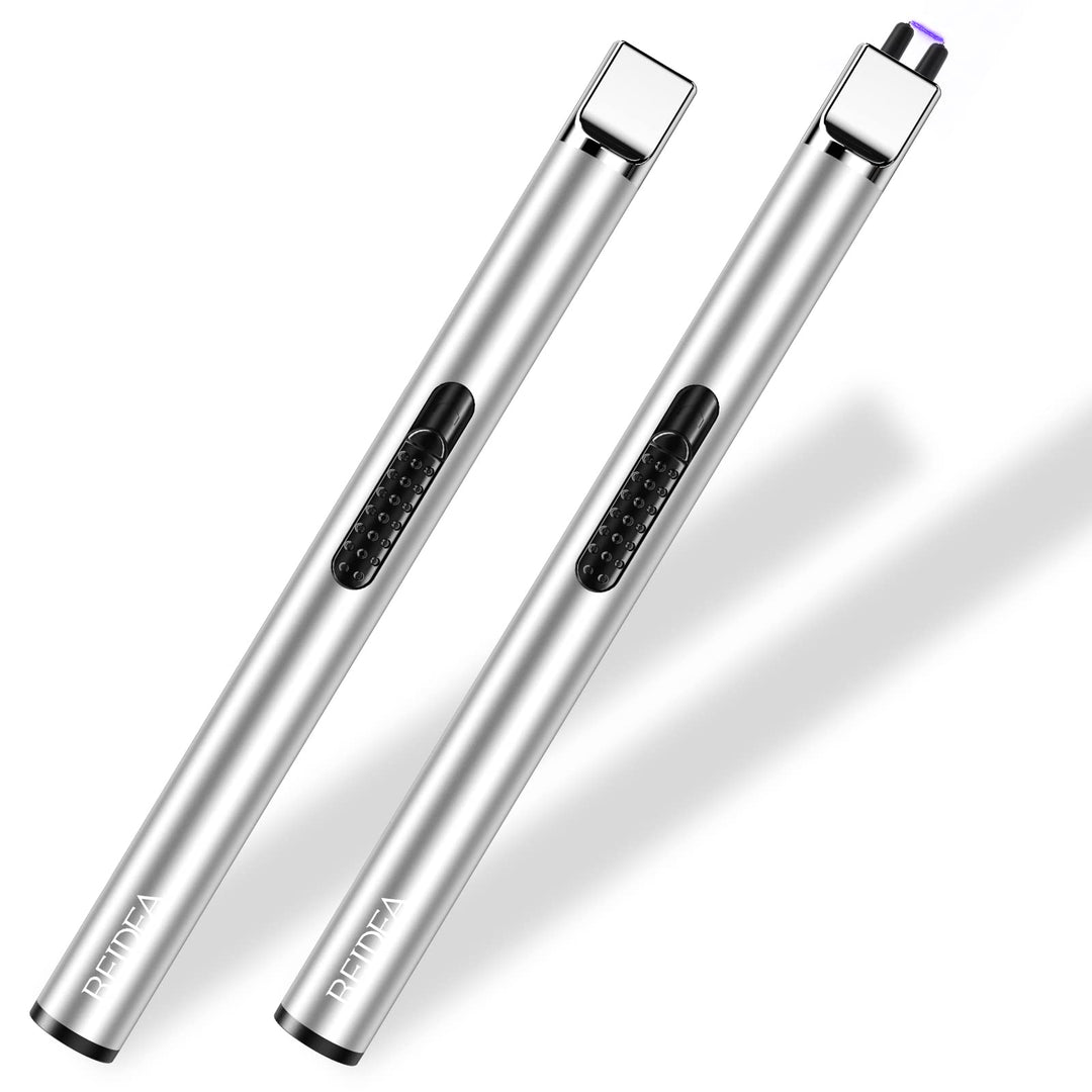 REIDEA Electronic Candle Lighter Arc Windproof Flameless USB Rechargeable Lighter with Safe Button for Home Kitchen (2 Pack Silver)